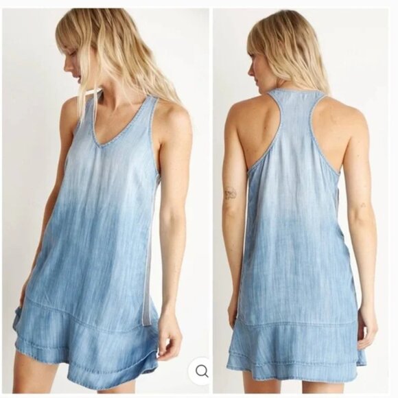 Bella Dahl Side Stripe Sleeveless Racerback Chambray Mini Dress Blue Small - Picture 2 of 16